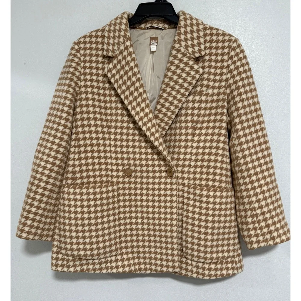 BOSS Houndstooth‎ Double Breasted Blazer Women Size 8 Camel Tan Excellent Luxury